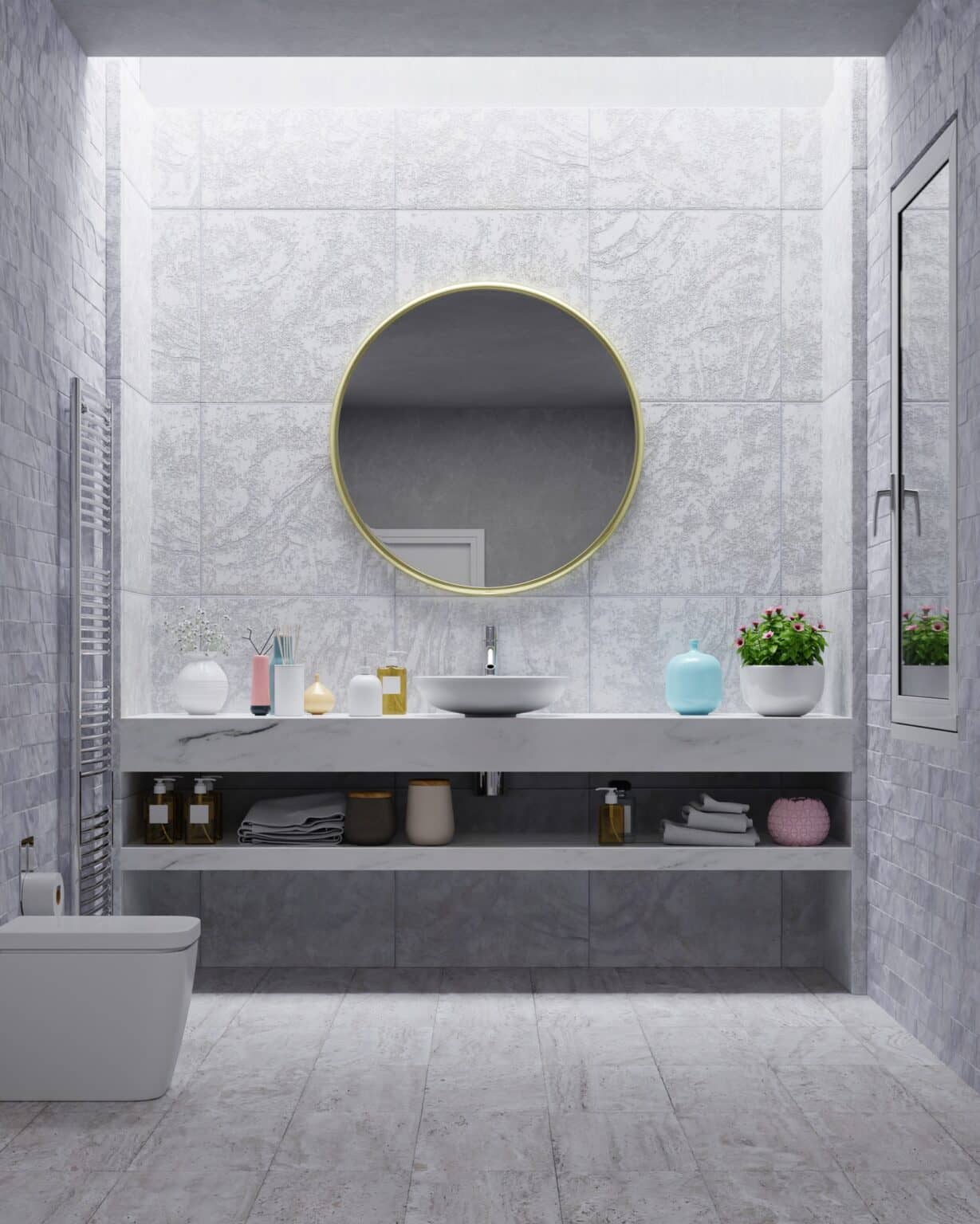Bathroom with concrete-look walls, a round mirror and a floating vanity