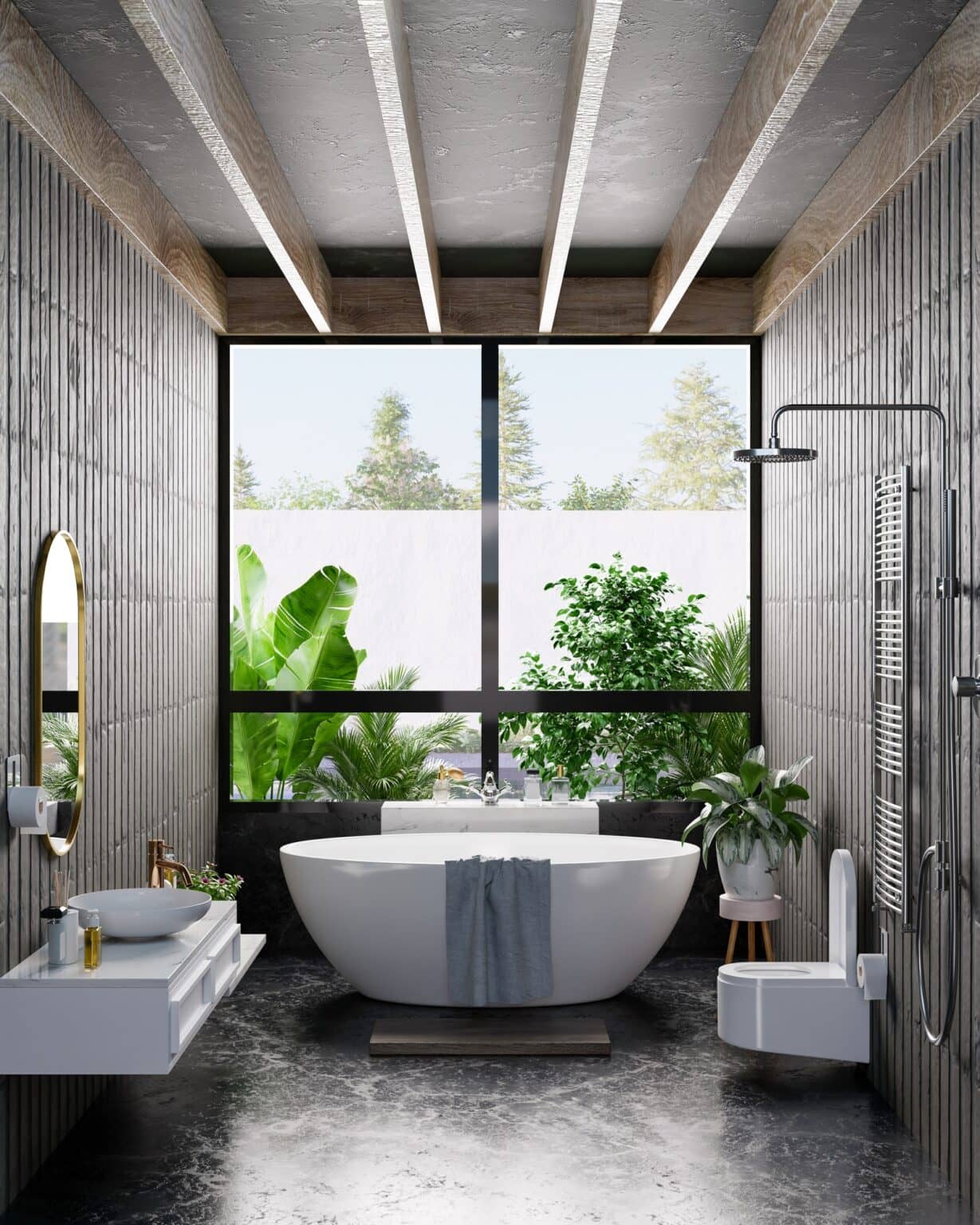 Bathroom with a freestanding tub facing a large window onto a garden