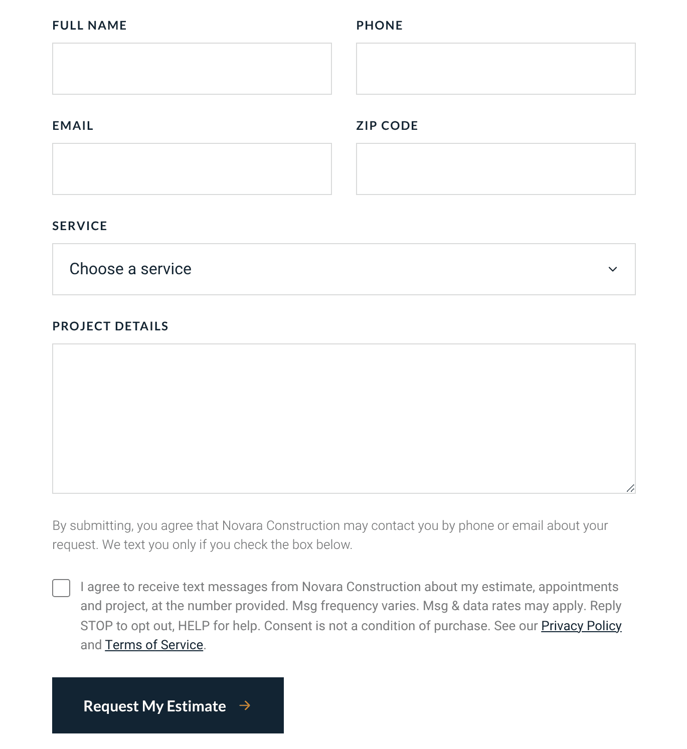 The Novara Construction estimate form, with the phone field, the unchecked text message consent box and its full label, and the Request My Estimate button.