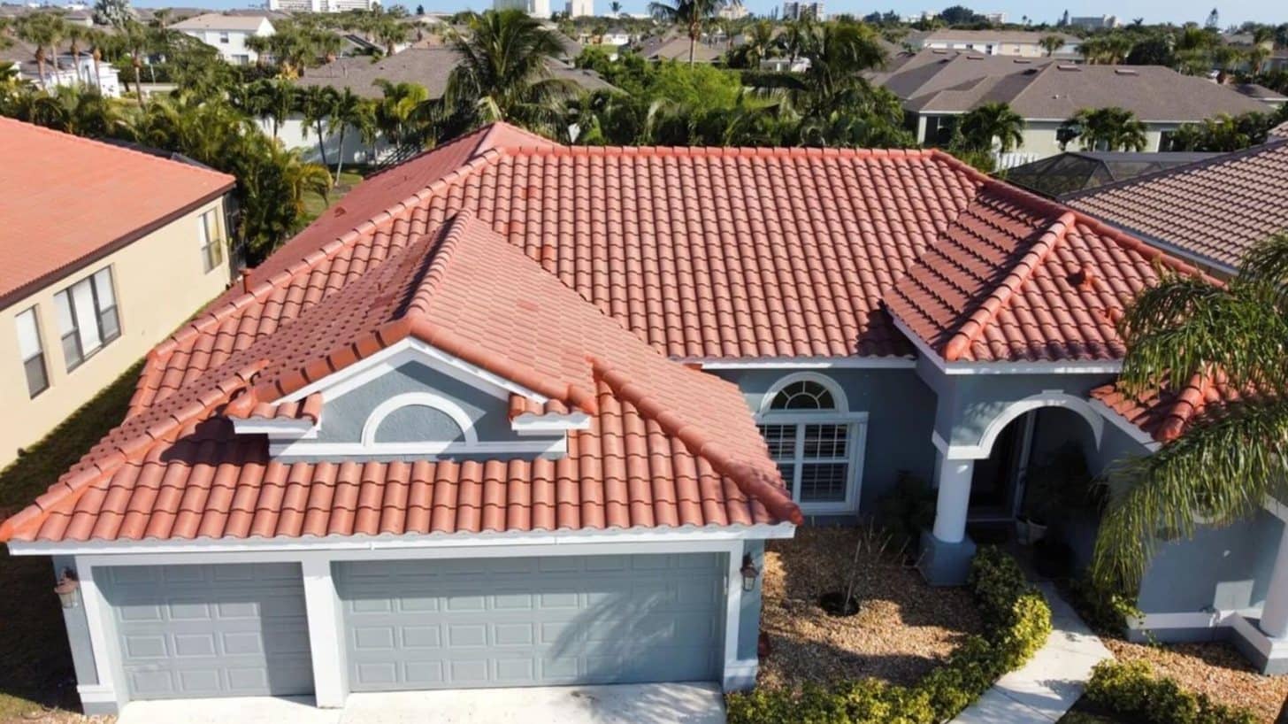 Aerial view of a terracotta tile roof on a South Florida home