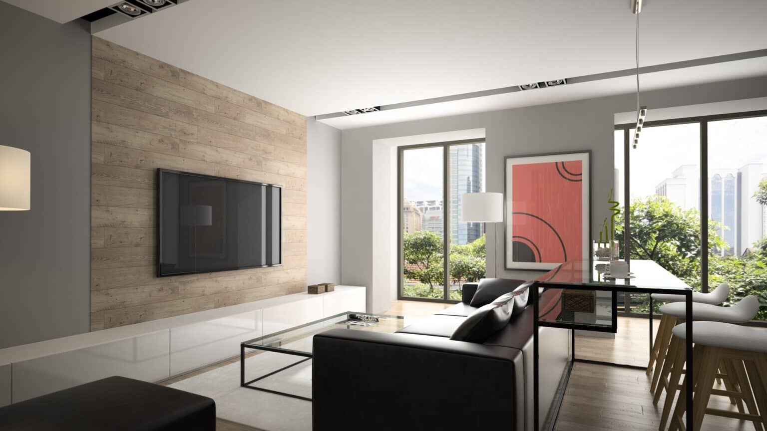 Rendering of a living room with a wood accent wall and floor-to-ceiling windows